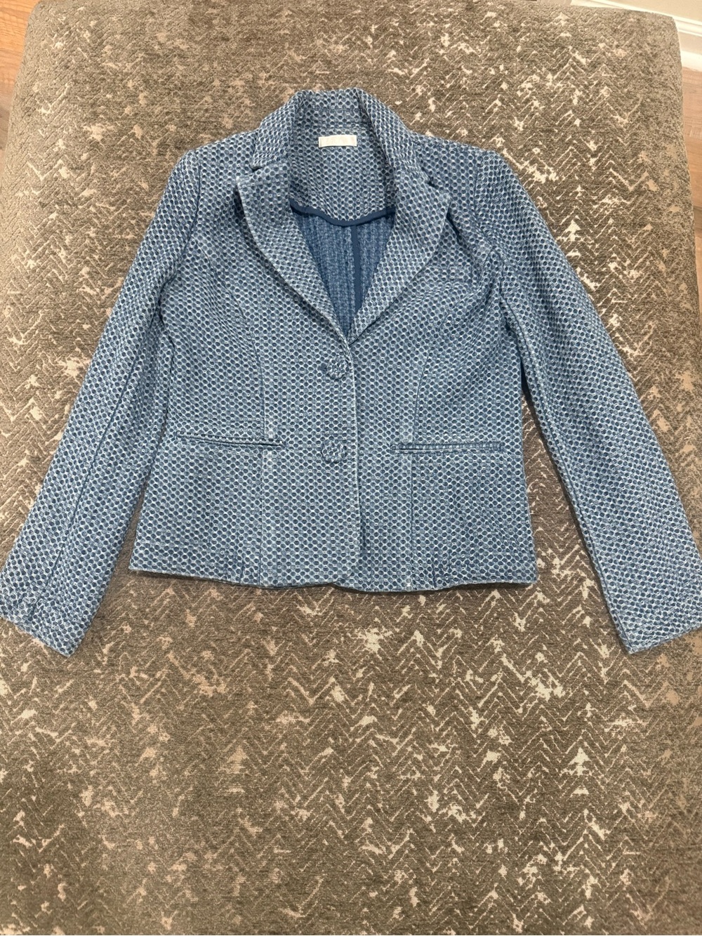 Ecru Blue Textured Woven Jacquard Blazer Jacket Small
